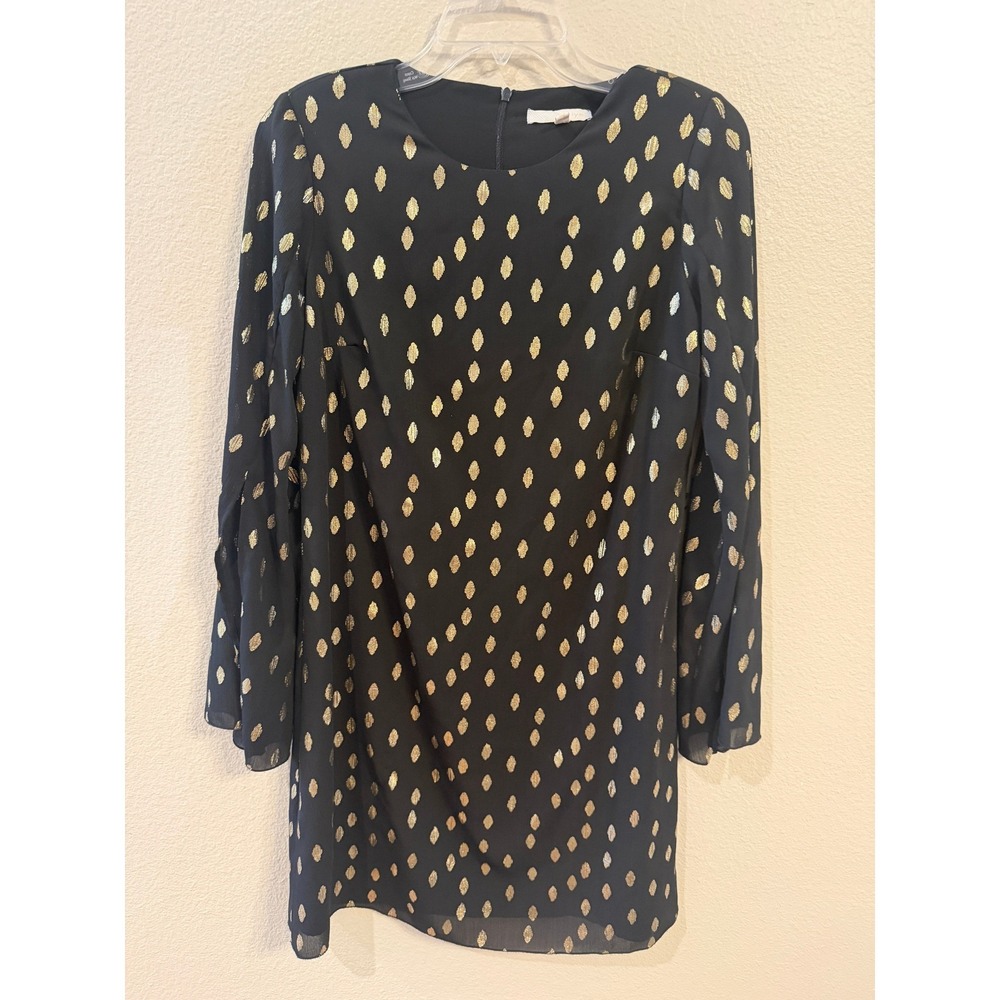Harlyn ANTHROPOLOGIE Shift DRESS Black Gold Metallic Split Sleeve Excellent